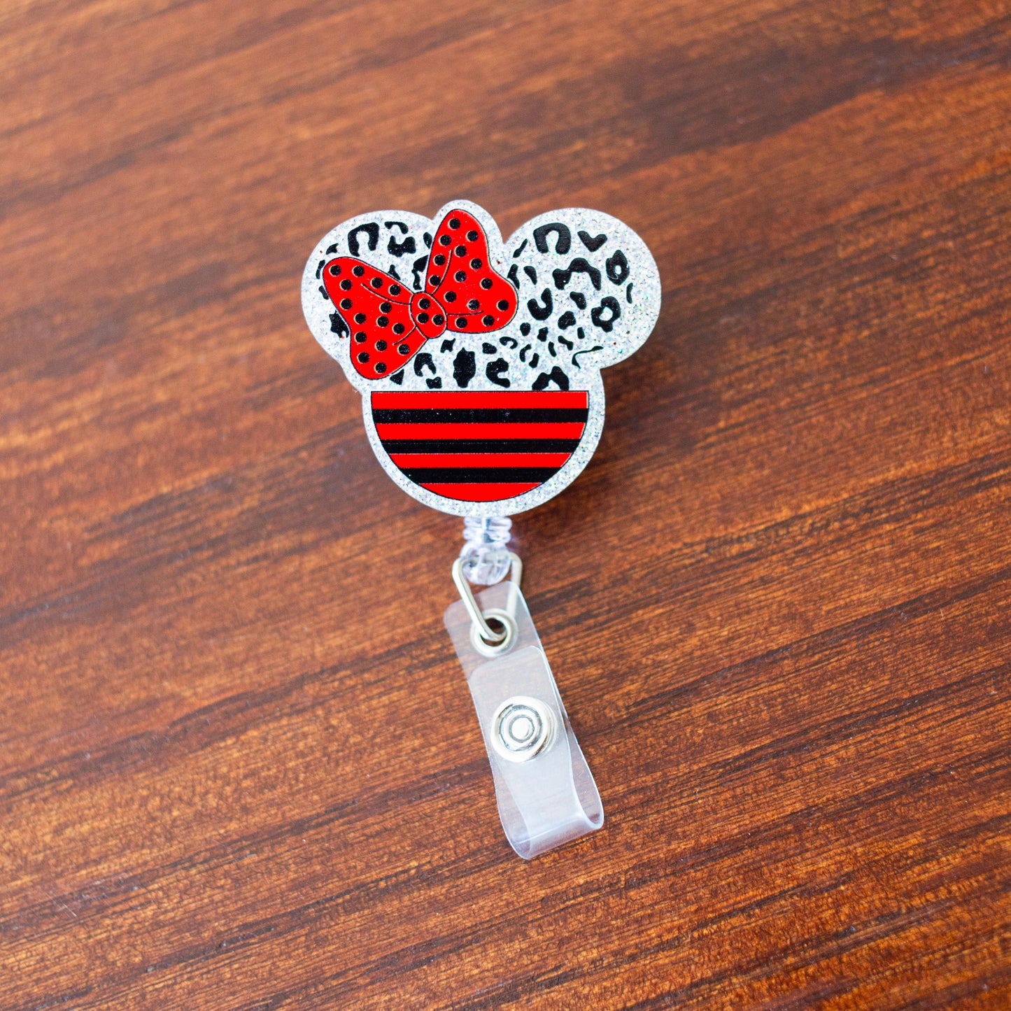 Minnie Mouse Head Red Flag Leopard Badge Reel