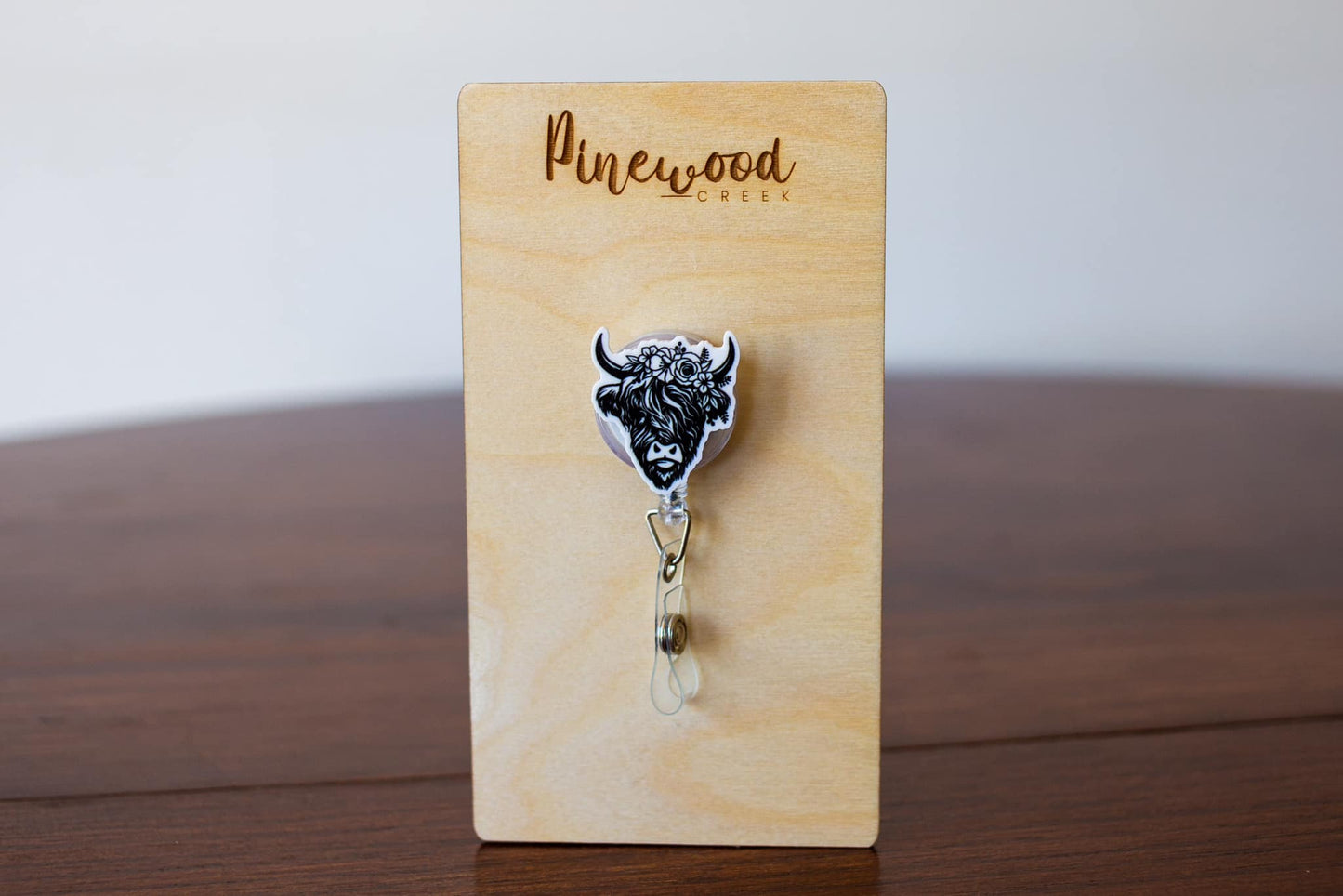 Highland Cow Black & White Floral Badge Reel