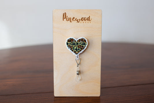 Mama Life Leopard Heart Badge Reel