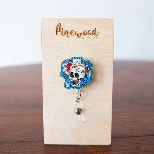 Skeleton Nurse Blue Glitter Badge Reel