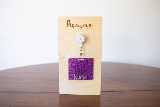 Purple Glitter Nurse Badge Buddy w/ Silver Glitter Font