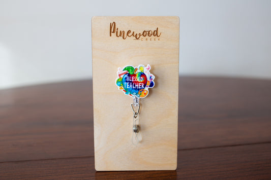 Blessed Teacher Tye Dye Apple Badge Reel