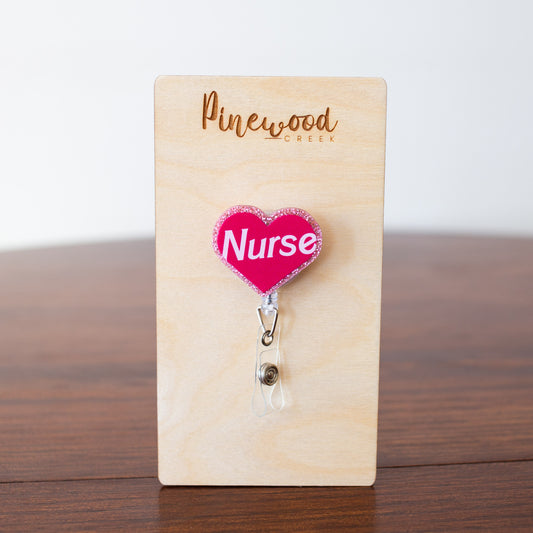 Nurse Barbie Pink Glitter Heart Badge Reel