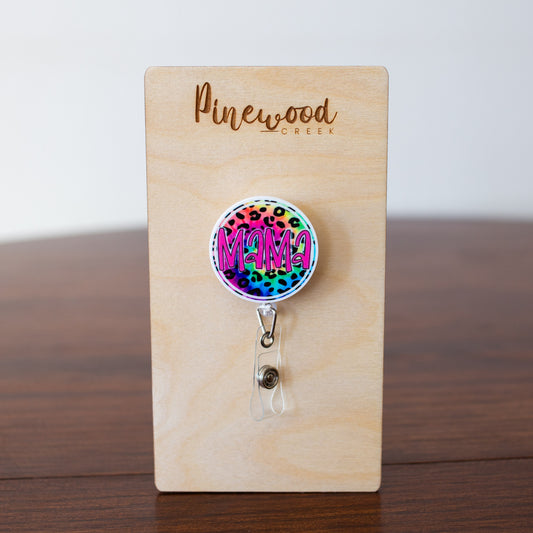 Mama Multicolor Leopard Round Badge Reel