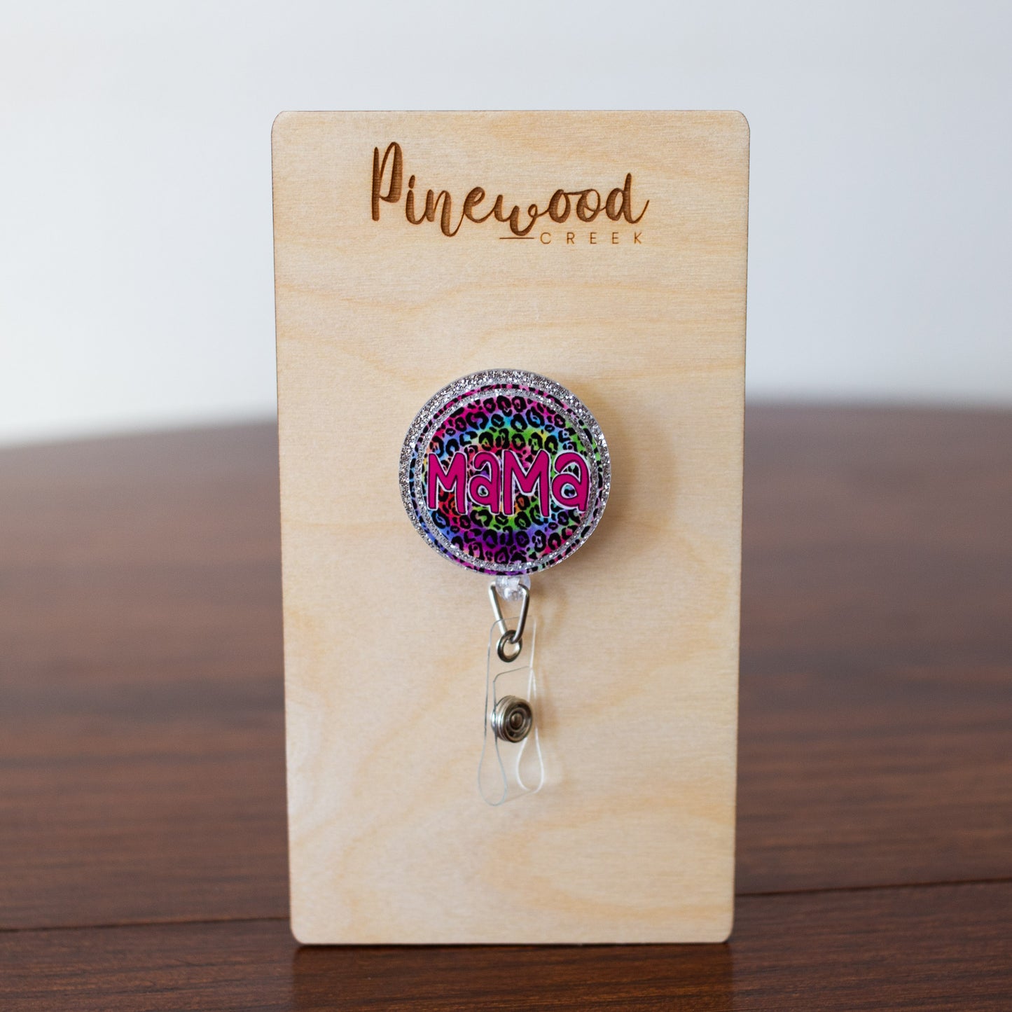 Mama Multicolor Leopard Round Badge Reel