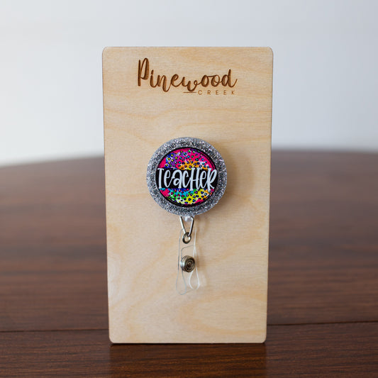 Teacher Neon Leopard Badge Reel