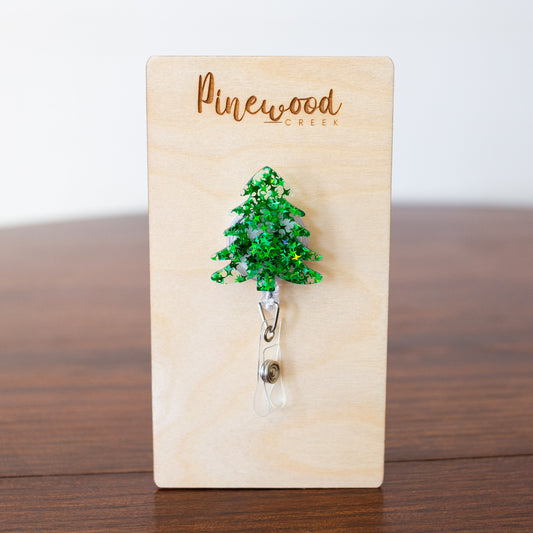 Christmas Tree Green Confetti Glitter Badge Reel